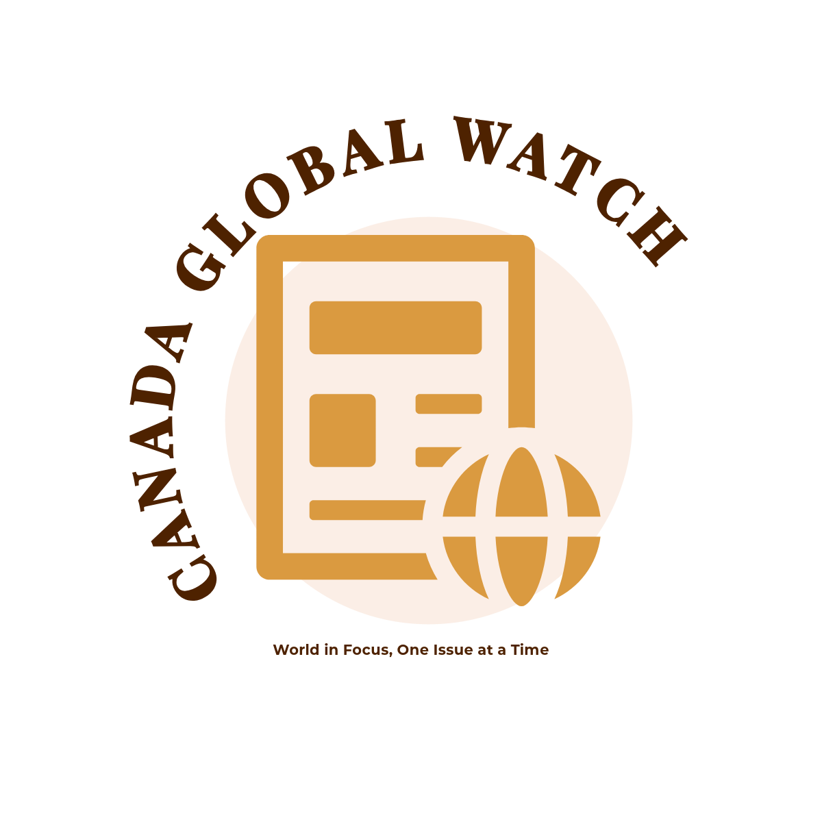 Logo of global updates ca showcasing vector image of a globe, a document and canada global watch written in curve form above this image.